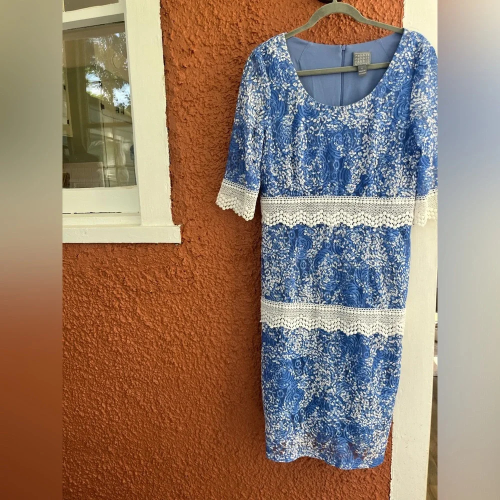Rabbit Rabbit Rabbit Designs Knee Length Lace White/Blue Dress Size 12 - Picture 2 of 7